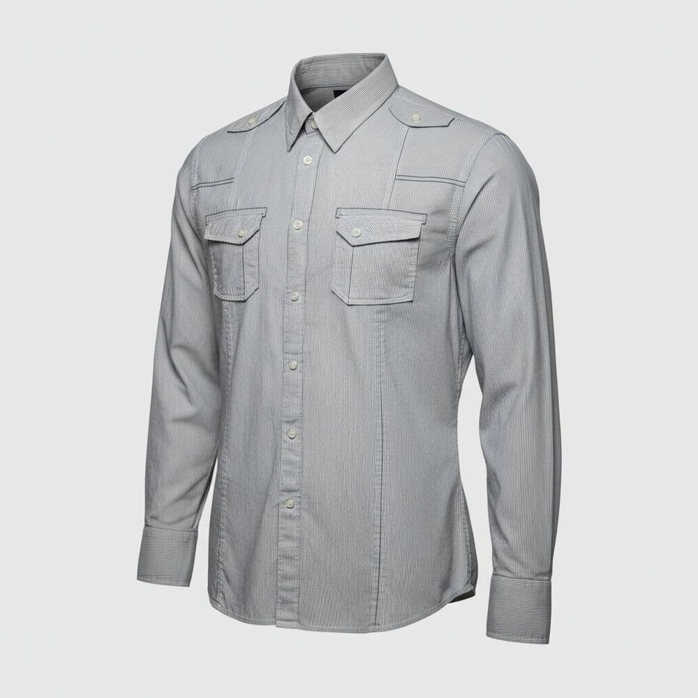 G by Guess Shirt‎ Mens XL Grey Pinstripe Button Up Military Utility Epaulette